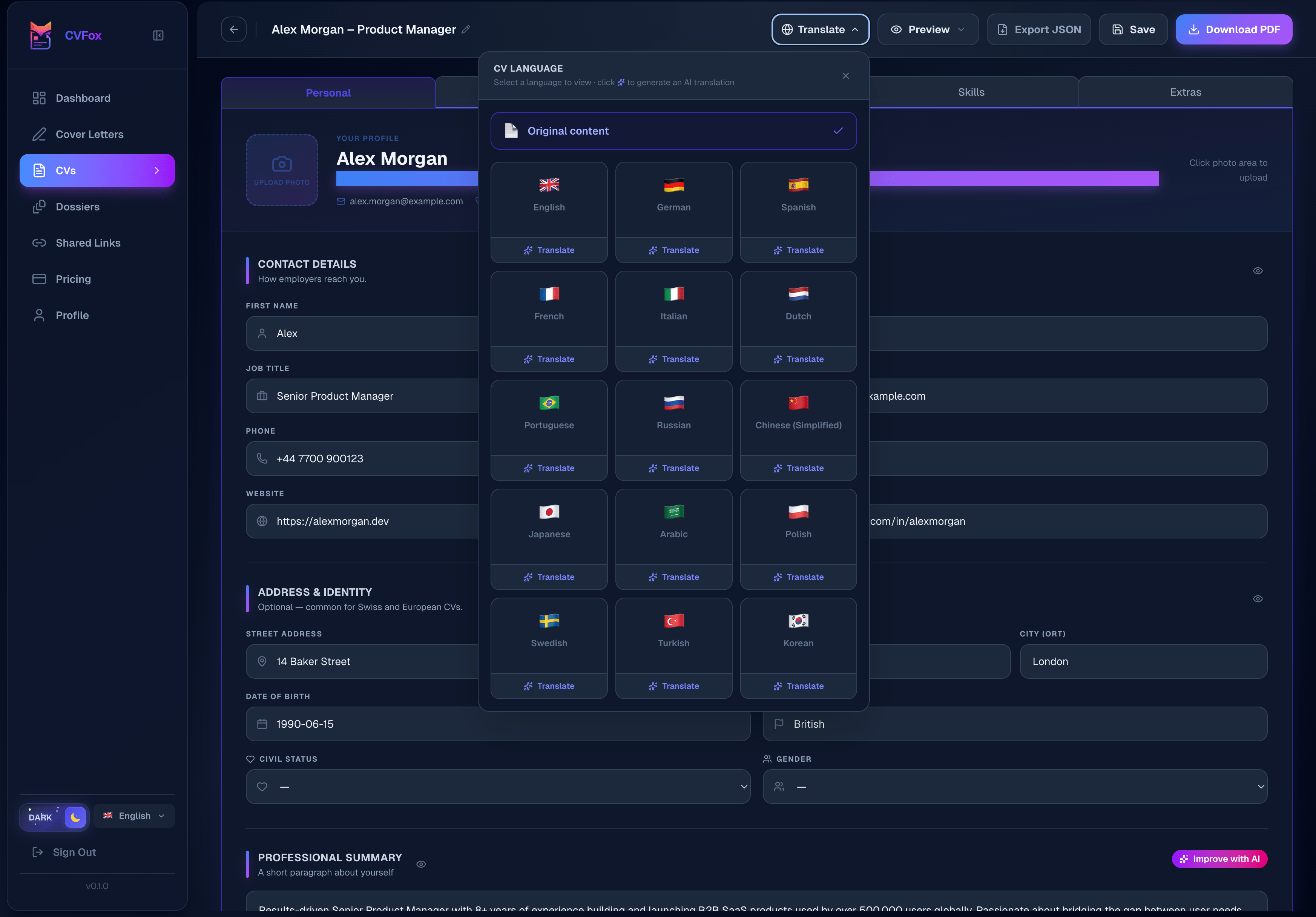 AI Translation preview — CV translated to another language