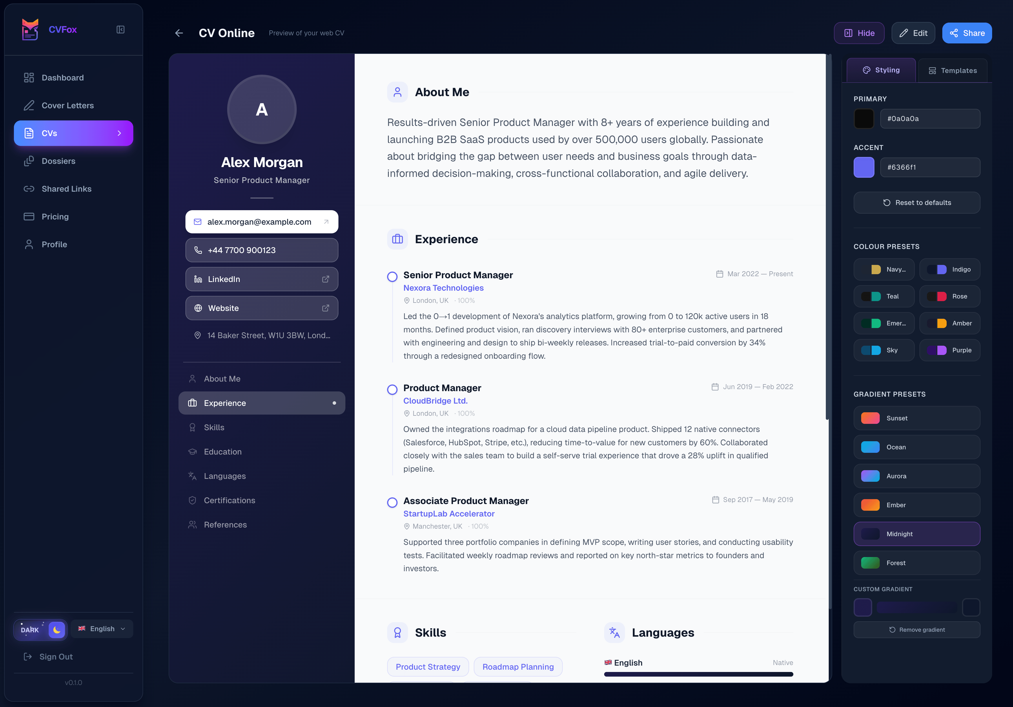 Online CV website preview