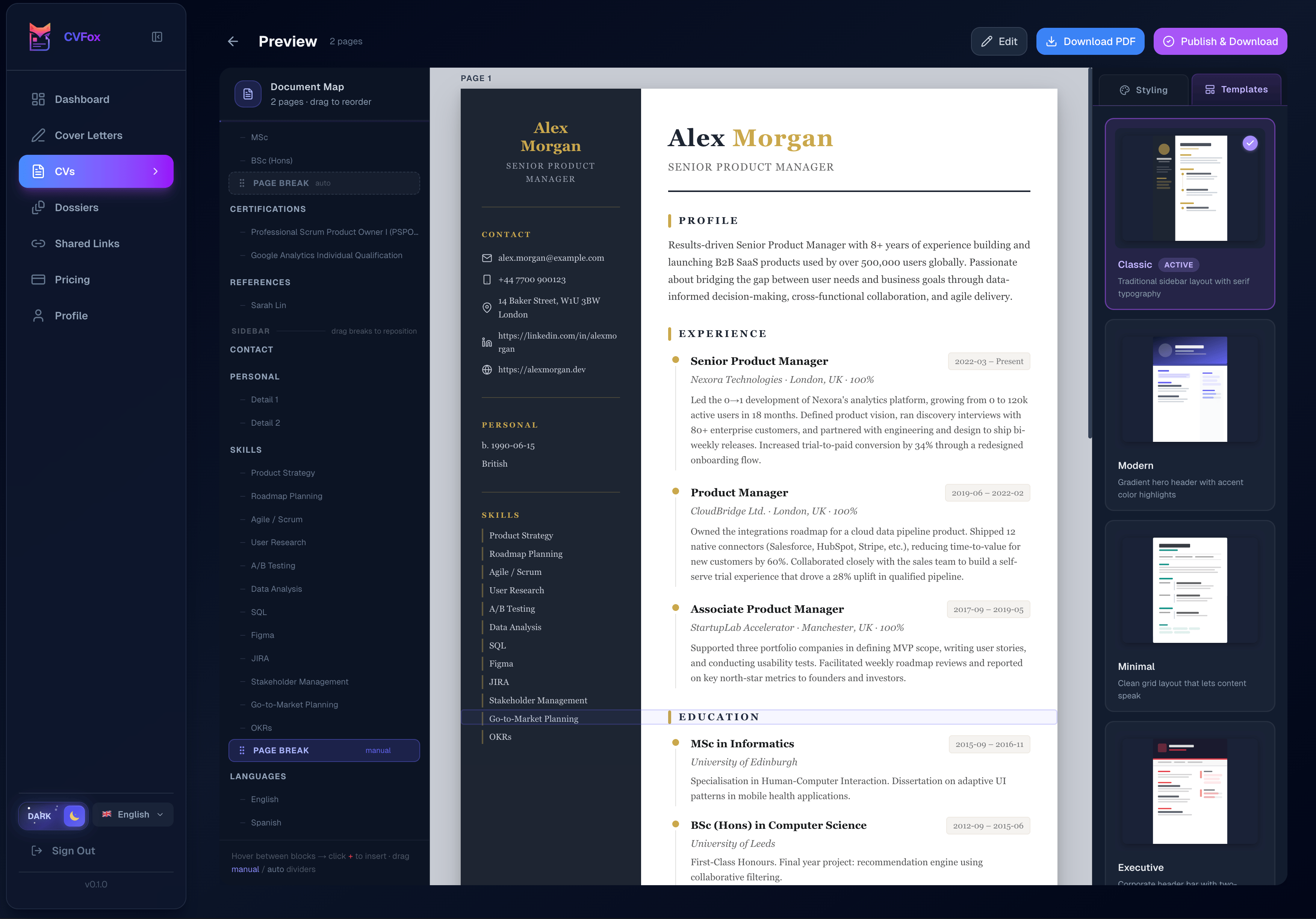 CVFox CV editor preview